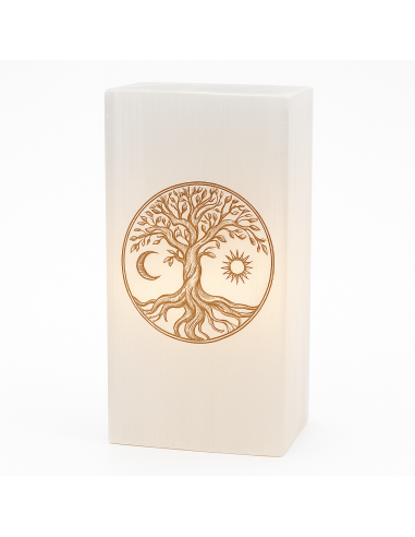 Lampe en sélénite arbre vie gravure dorée