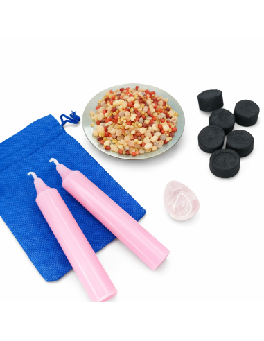 Rituel Amour – Bougies Roses, Quartz Rose et Encens en Grains