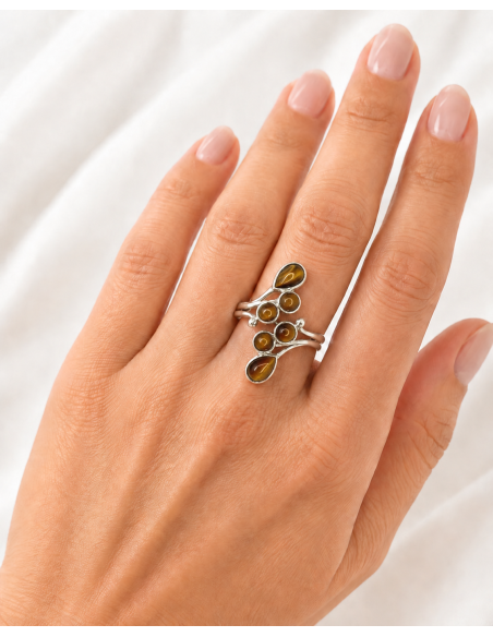 Bague réglable en argent avec Œil de Tigre naturel