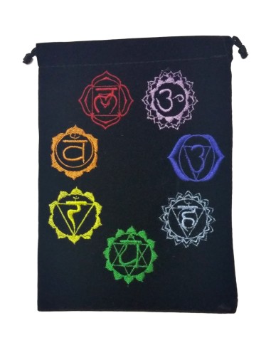 Photo de Bourse de rangement velour noire symboles 7 chakras - encens.business - Boutique ésotérique en ligne - vente de Bourse de ran