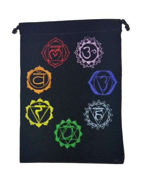 Photo de Bourse de rangement velour noire symboles 7 chakras - encens.business - Boutique ésotérique en ligne - vente de Bourse de ran