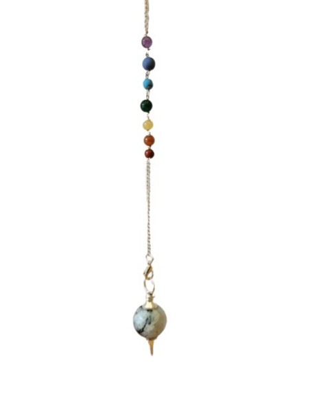 Photo de Pendule sphéroton en pierre de lune avec chaîne 7 chakras - encens.business - Boutique ésotérique en ligne - vente de Pendule